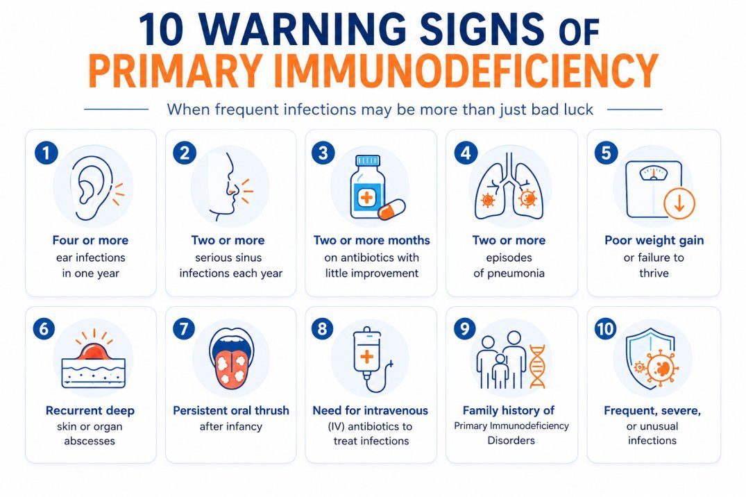 10 warning signs of Primary Immunodeficiency Disorders in children infographic highlighting recurrent infections, poor weight gain, oral thrush, pneumonia, and other early symptoms.
