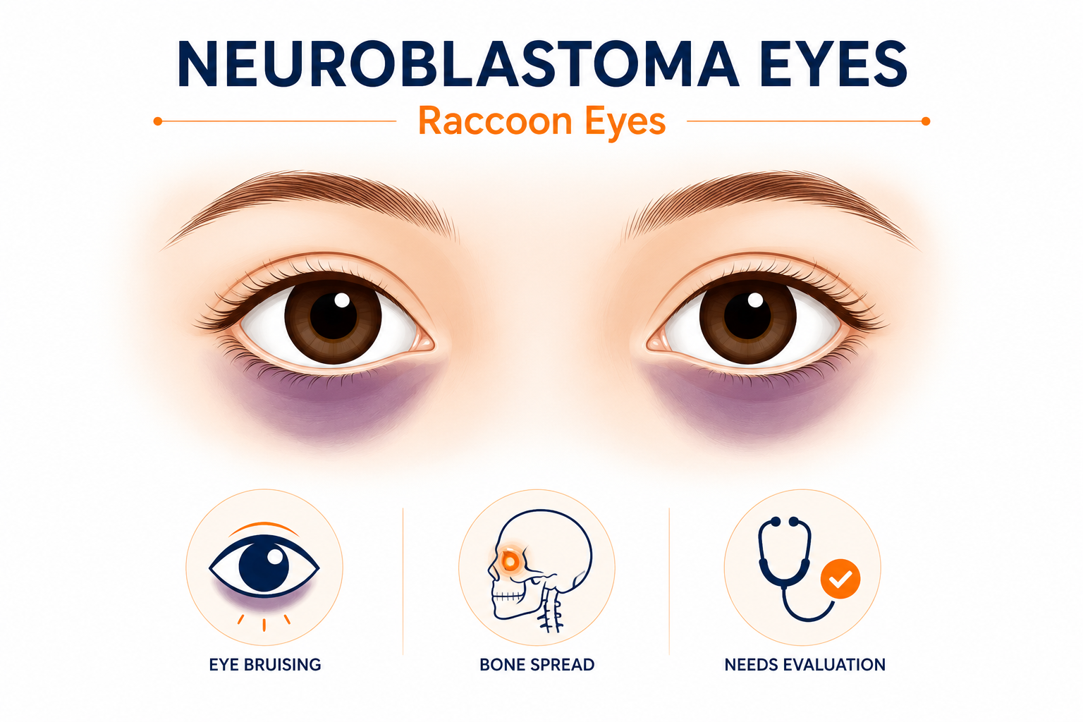 “Neuroblastoma eye symptoms infographic showing raccoon eyes caused by cancer spread near the eye socket.”