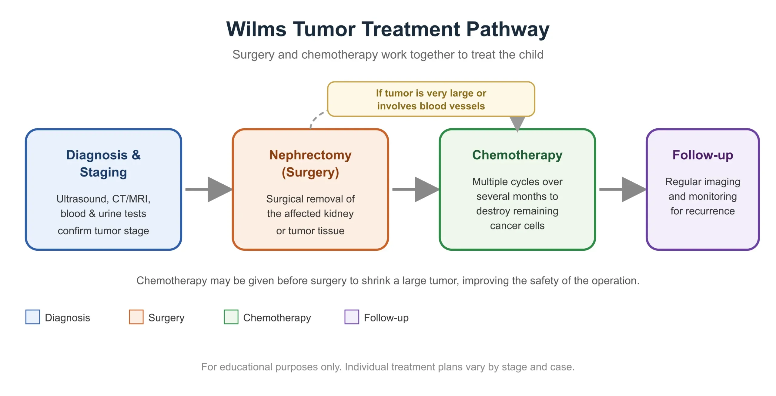 Treatment pathway for Wilms tumor showing nephrectomy surgery followed by chemotherapy