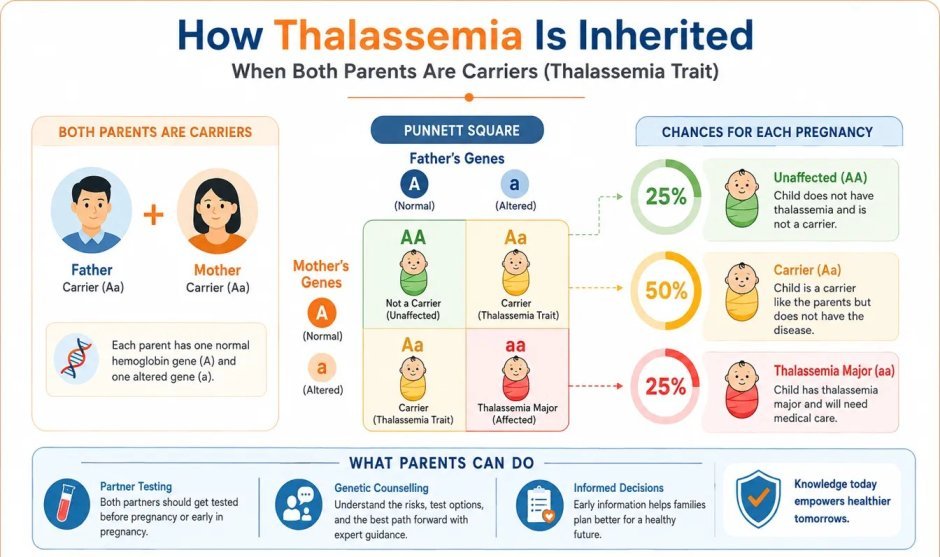 Punnett square diagram showing thalassemia inheritance when both parents are carriers: 25% chance the child is unaffected, 50% chance the child is a carrier, 25% chance the child has thalassemia major