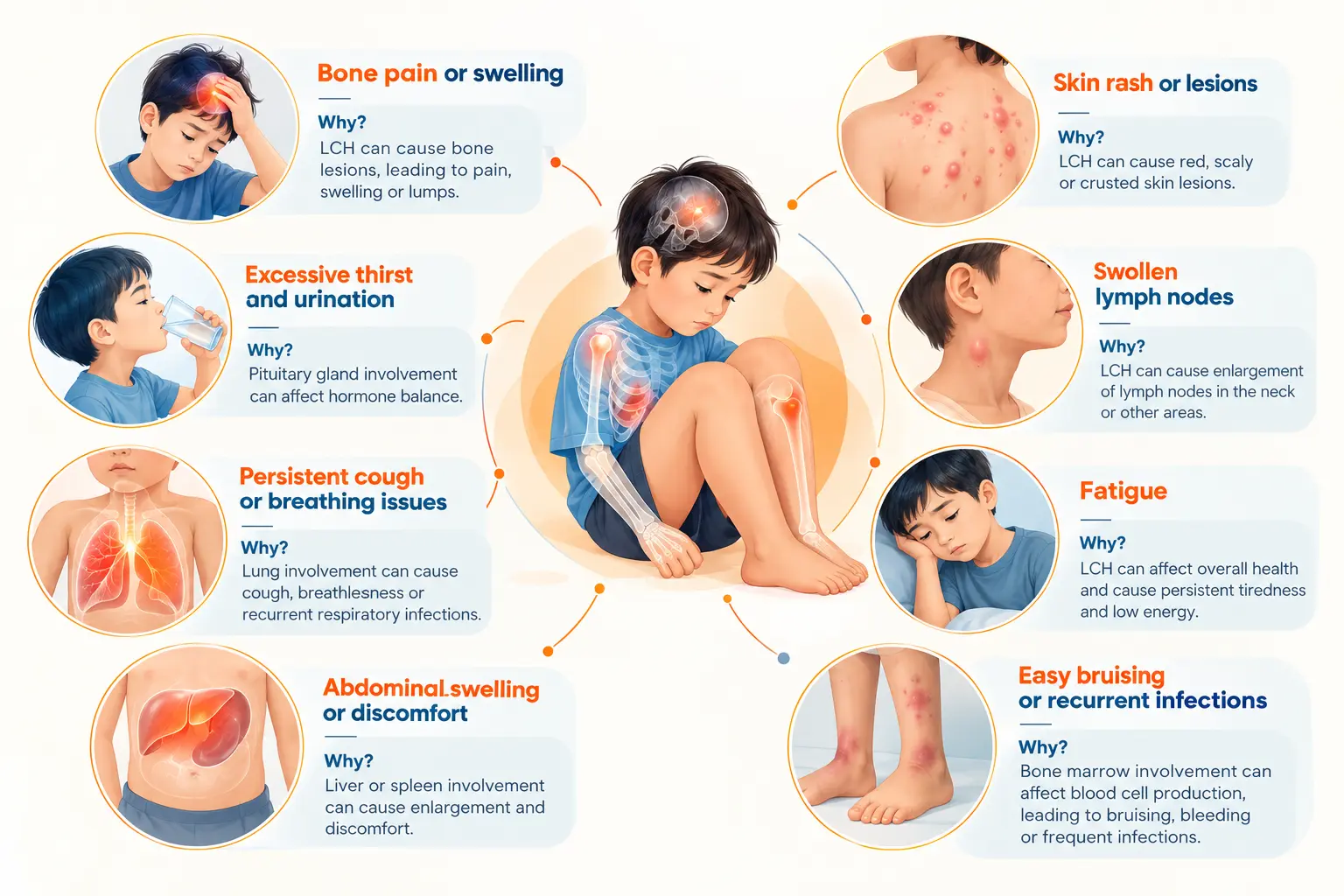Langerhans Cell Histiocytosis (LCH) symptoms in children, including bone pain, skin lesions, excessive thirst, swollen lymph nodes and fatigue