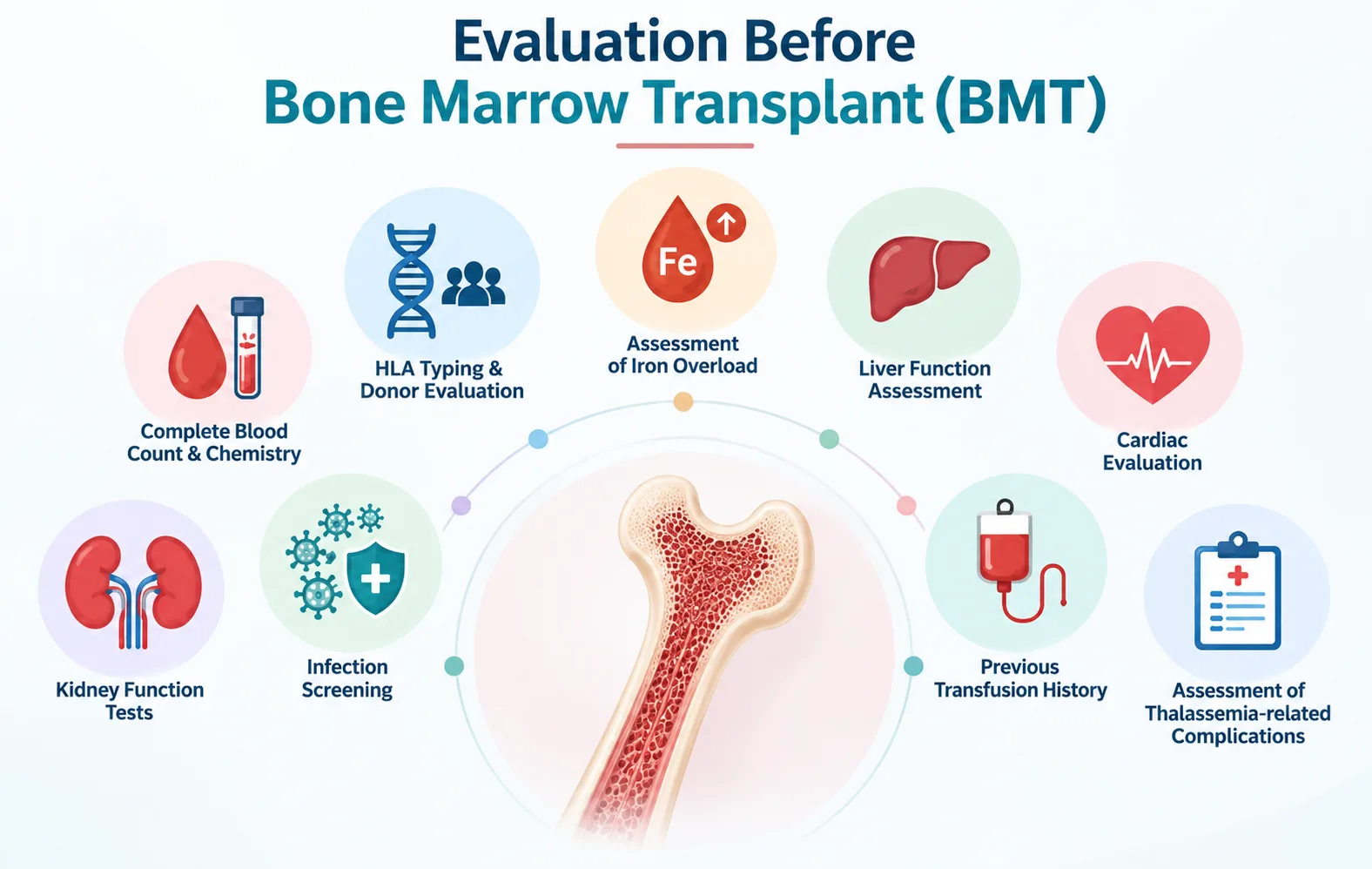 Evaluation before bone marrow transplant for thalassemia major showing blood, HLA donor, iron overload, liver, cardiac, kidney and infection assessments
