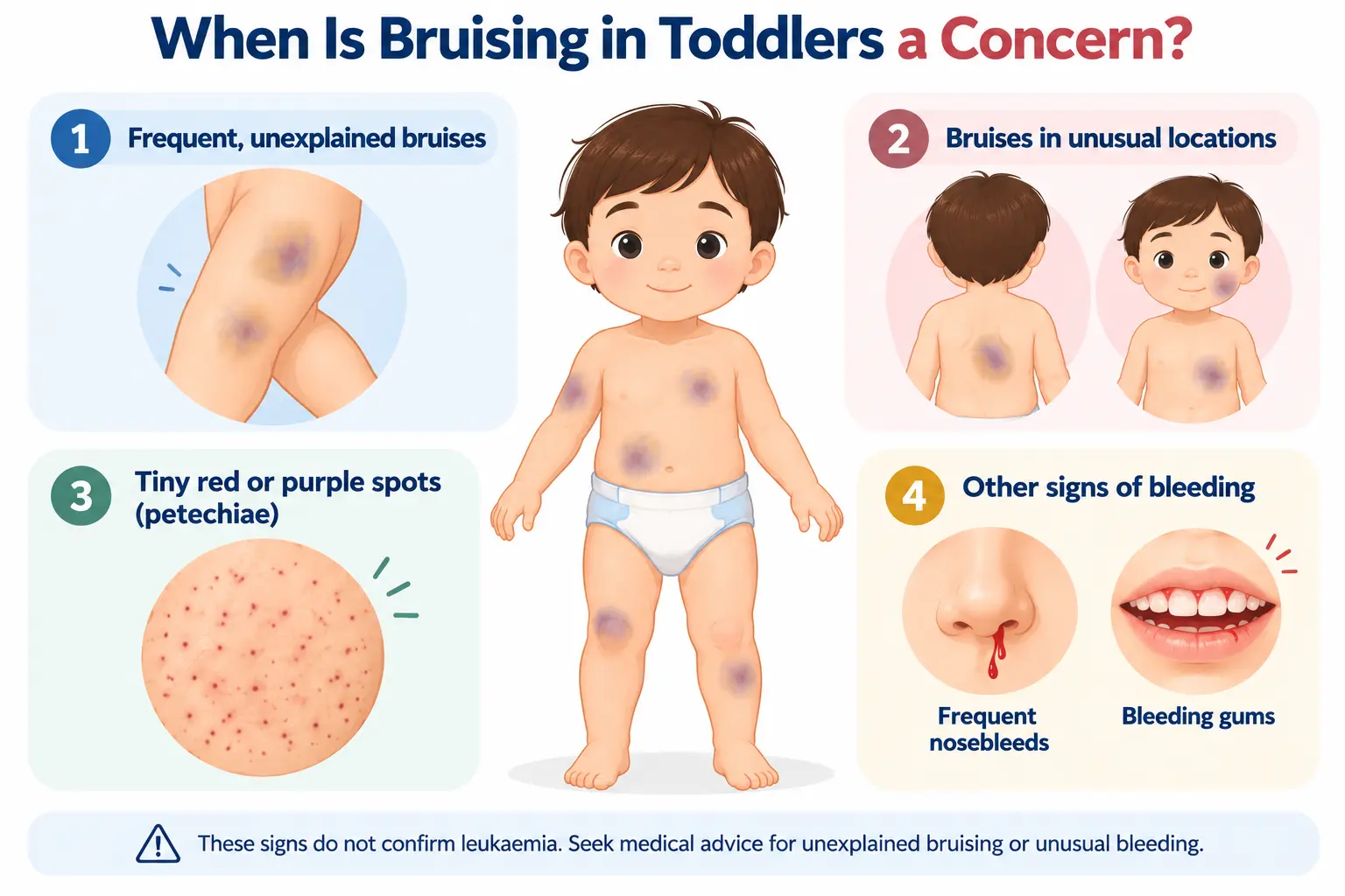 When Is Bruising in Toddlers a Concern?Leukemia bruises vs normal bruises signs of leukemia in toddlers unexplained bruising in toddlers what does leukemia bruising look like bruises on toddler with no injury when to worry about bruises on a toddler